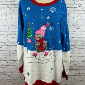 Holiday Hype | Festive Blue and White Snowman ice skating Sweater Size 3X